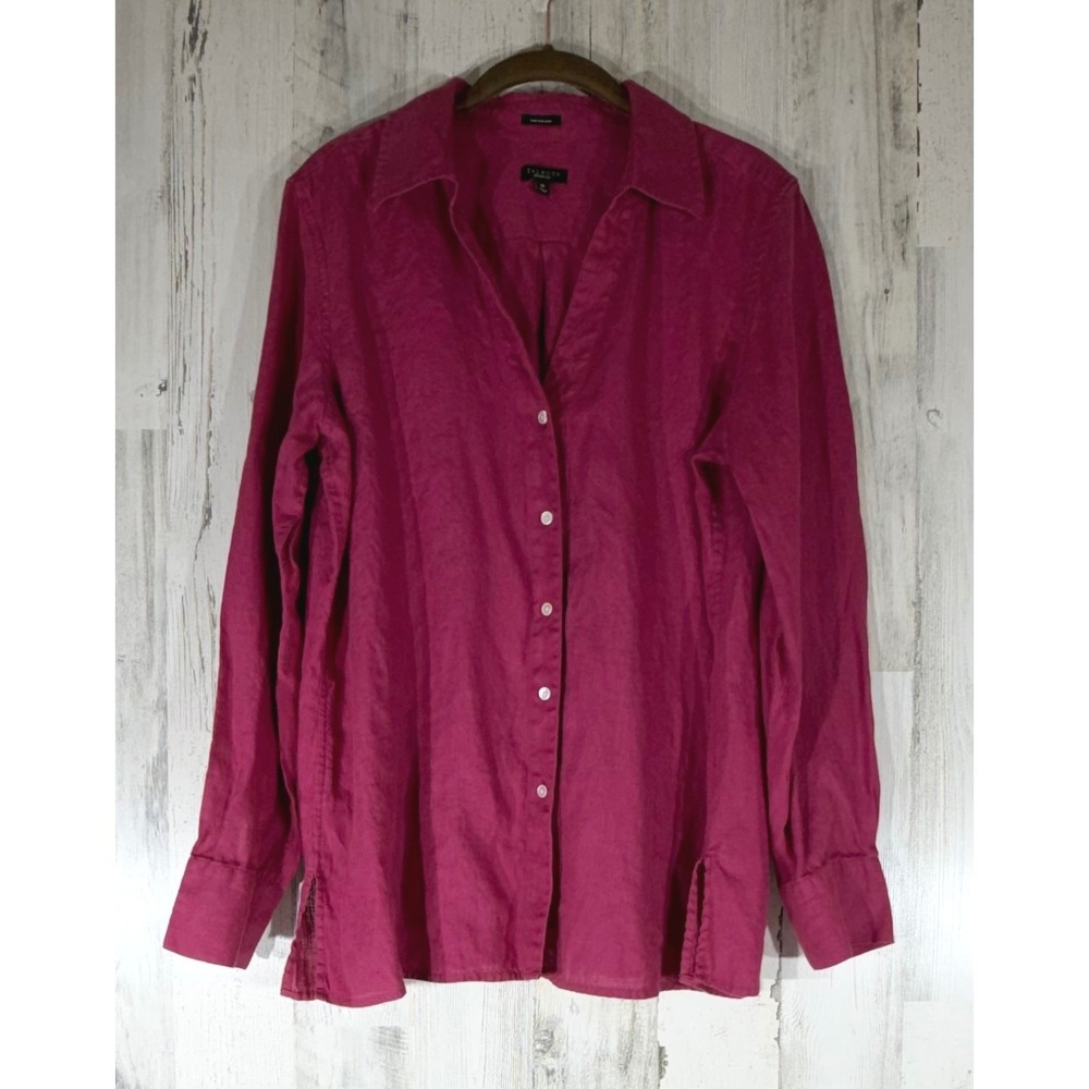 Talbots Button Down Shirt 16 Magenta Pink 100% Pure Irish Linen Long Sleeve